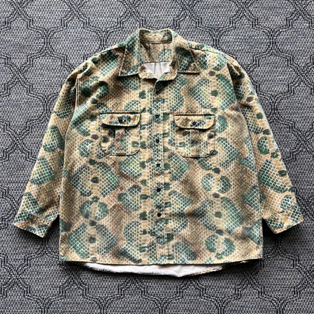 Vintage Snake Skin Illusion Shirt Mens XL Green Tan Reptile Print Cowboy Western